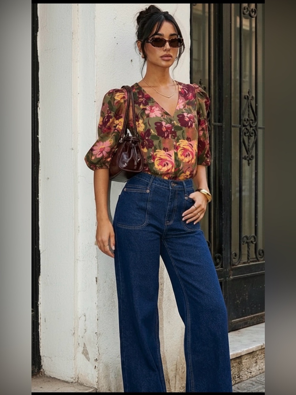 THML Olive Floral V-Neck Puff Sleeve Blouse